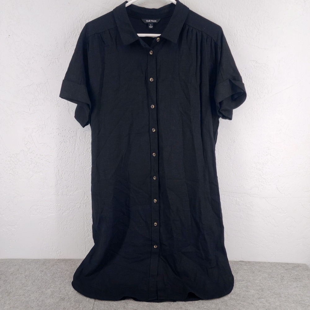 Well Worn Black Linen Blend Button Down Short Sleeve Shirt Dress Womens Large